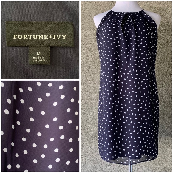 🔥5/$20🔥 “Fortune + Ivy” Navy Polka Dot Mini-Dress size M - Picture 1 of 12